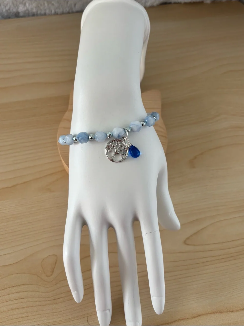 Blue Chalcedony & Blue Hematite Bracelet with Tree of Life